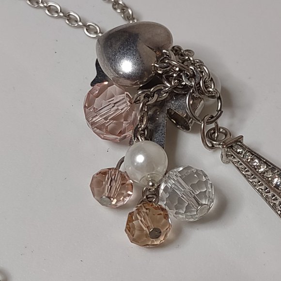 Long 32 Inch Necklace With Eiffel Tower, Plastic Beads, Heart, And Bow - Picture 2 of 10